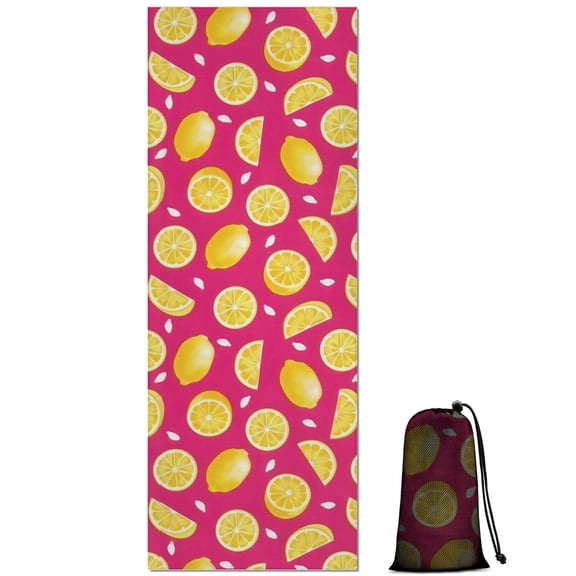 Yellow Lemon Fruit Slices Pink Pattern Hot Yoga Mat Towel Non Slip for Hot Yoga - Quick-Drying Yoga Mat Cover with 4 Corner Pockets with Travel Bag - Hot Yoga Towel Non Slip 70"x26"
