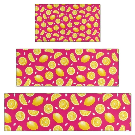 Yellow Lemon Fruit Slices Pink Pattern Kitchen Rugs Sets Of 3,Kitchen Runner Rugs Non Skid Washable,Decorative Kitchen Floor Mats for Kitchen,Sink,Laundry,17"x30"+ 17"x47" + 17"x59"