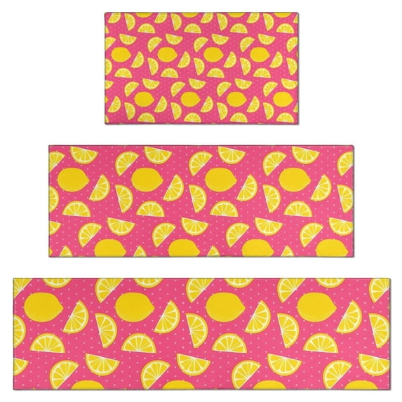 Yellow Lemon Fruit Slices Pink Pattern Kitchen Rugs Sets Of 3,Kitchen Runner Rugs Non Skid Washable,Decorative Kitchen Floor Mats for Kitchen,Sink,Laundry,17"x30"+ 17"x47" + 17"x59"
