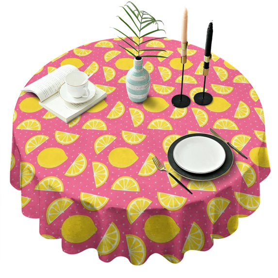 Yellow Lemon Fruit Slices Pink Pattern Round Tablecloth 60"x60",Wrinkle Wipeable Table Cloth for Kitchen Dining Room Picnic Patio Party