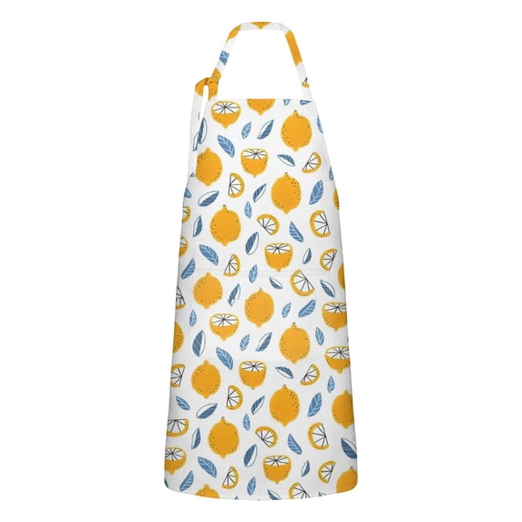 Yellow Lemon Fruit Slices White Pattern Apron-Garden Aprons for Women with Pockets-Cotton Linen Waterproof Kitchen Cooking Gardening Aprons Adjustable for Kitchen,Cooking,BBQ and Salon 33x27 Inch