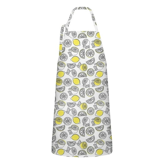 Yellow Lemon Fruit Slices White Pattern Apron-Garden Aprons for Women with Pockets-Cotton Linen Waterproof Kitchen Cooking Gardening Aprons Adjustable for Kitchen,Cooking,BBQ and Salon 33x27 Inch