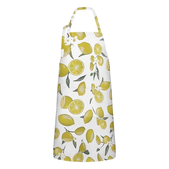 Yellow Lemon Fruit Slices White Pattern Apron-Garden Aprons for Women with Pockets-Cotton Linen Waterproof Kitchen Cooking Gardening Aprons Adjustable for Kitchen,Cooking,BBQ and Salon 33x27 Inch