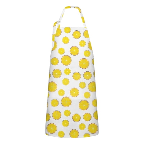 Yellow Lemon Fruit Slices White Pattern Apron-Garden Aprons for Women with Pockets-Cotton Linen Waterproof Kitchen Cooking Gardening Aprons Adjustable for Kitchen,Cooking,BBQ and Salon 33x27 Inch