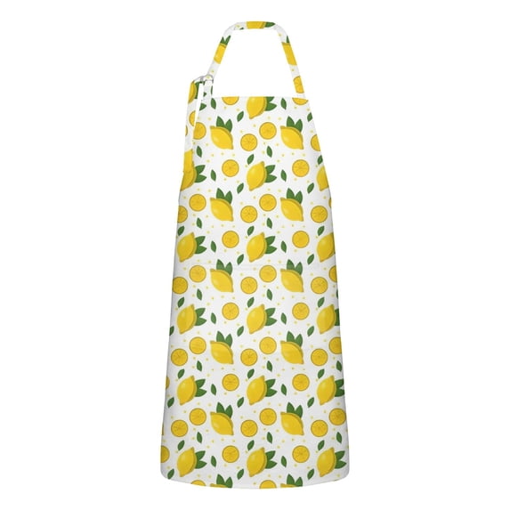 Yellow Lemon Fruit Slices White Pattern Apron-Garden Aprons for Women with Pockets-Cotton Linen Waterproof Kitchen Cooking Gardening Aprons Adjustable for Kitchen,Cooking,BBQ and Salon 33x27 Inch