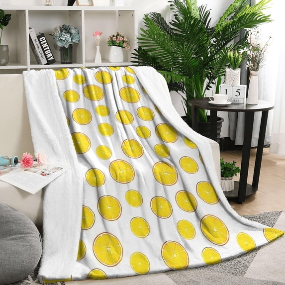 Yellow Lemon Fruit Slices White Pattern Blanket,Comfortable Soft Flannel Throw Blanket,All Season,Warm Lightweight Blankets for Sofa Bed Couch Living Room Chair,50"x60"