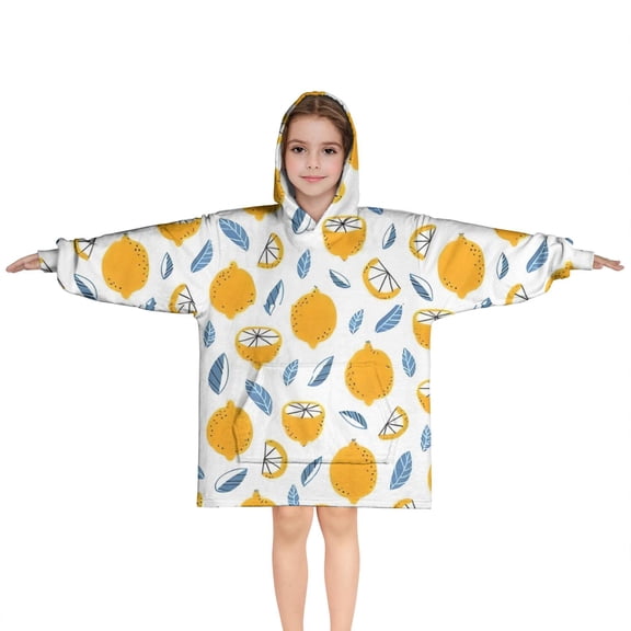 Yellow Lemon Fruit Slices White Pattern Blanket Hoodies for Kids 6-13YR Oversize Wearable Blanket Hoodies for Boys Girls Teens
