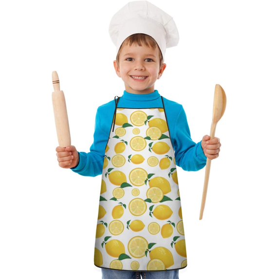 Yellow Lemon Fruit Slices White Pattern Kids Aprons for Girls and Boys,Adjustable Neck Strap Toddler Aprons for Kids Cooking Baking