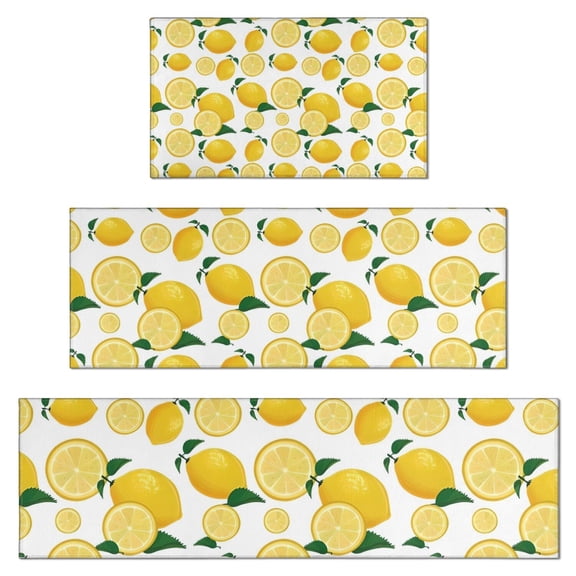 Yellow Lemon Fruit Slices White Pattern Kitchen Rugs Sets Of 3,Kitchen Runner Rugs Non Skid Washable,Decorative Kitchen Floor Mats for Kitchen,Sink,Laundry,17"x30"+ 17"x47" + 17"x59"