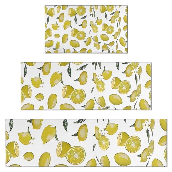 Yellow Lemon Fruit Slices White Pattern Kitchen Rugs Sets Of 3,Kitchen Runner Rugs Non Skid Washable,Decorative Kitchen Floor Mats for Kitchen,Sink,Laundry,17"x30"+ 17"x47" + 17"x59"