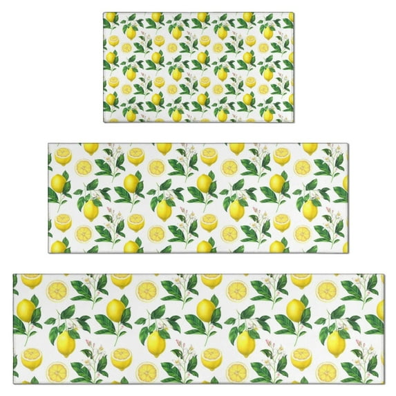 Yellow Lemon Fruit Slices White Pattern Kitchen Rugs Sets Of 3,Kitchen Runner Rugs Non Skid Washable,Decorative Kitchen Floor Mats for Kitchen,Sink,Laundry,17"x30"+ 17"x47" + 17"x59"