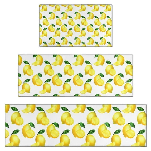 Yellow Lemon Fruit Slices White Pattern Kitchen Rugs Sets Of 3,Kitchen Runner Rugs Non Skid Washable,Decorative Kitchen Floor Mats for Kitchen,Sink,Laundry,17"x30"+ 17"x47" + 17"x59"