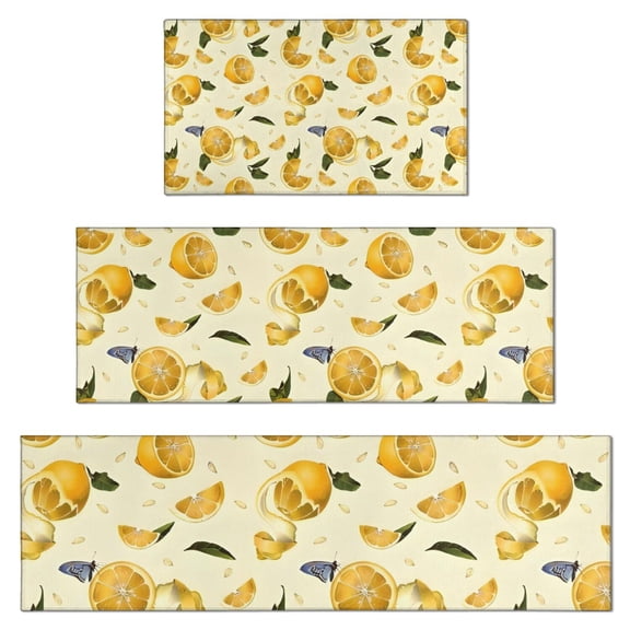 Yellow Lemon Fruit Slices White Pattern Kitchen Rugs Sets Of 3,Kitchen Runner Rugs Non Skid Washable,Decorative Kitchen Floor Mats for Kitchen,Sink,Laundry,17"x30"+ 17"x47" + 17"x59"
