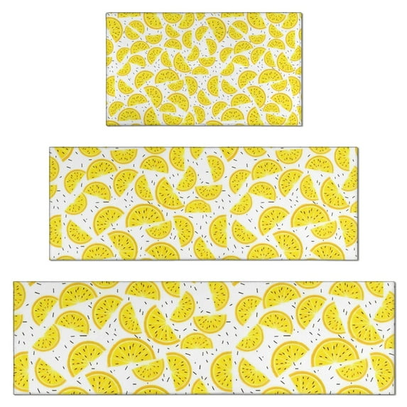 Yellow Lemon Fruit Slices White Pattern Kitchen Rugs Sets Of 3,Kitchen Runner Rugs Non Skid Washable,Decorative Kitchen Floor Mats for Kitchen,Sink,Laundry,17"x30"+ 17"x47" + 17"x59"