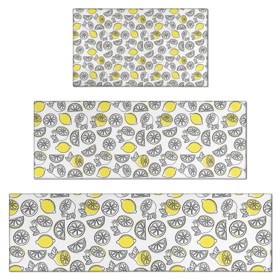 Yellow Lemon Fruit Slices White Pattern Kitchen Rugs Sets Of 3,Kitchen Runner Rugs Non Skid Washable,Decorative Kitchen Floor Mats for Kitchen,Sink,Laundry,17"x30"+ 17"x47" + 17"x59"