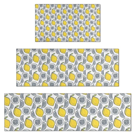 Yellow Lemon Fruit Slices White Pattern Kitchen Rugs Sets Of 3,Kitchen Runner Rugs Non Skid Washable,Decorative Kitchen Floor Mats for Kitchen,Sink,Laundry,17"x30"+ 17"x47" + 17"x59"