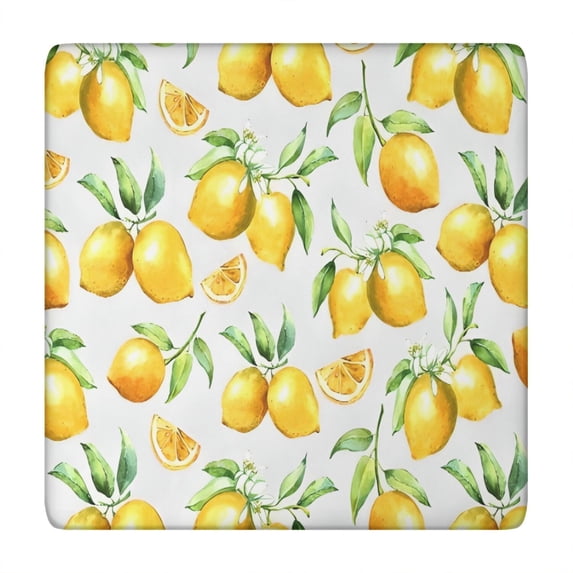 Yellow Lemon Fruit Slices White Pattern Square Fitted Tablecloth with Elastic Edge,Square Table Cover,Washable Elastic Table Cover for Home Kitchen Party Decor 34"x34"