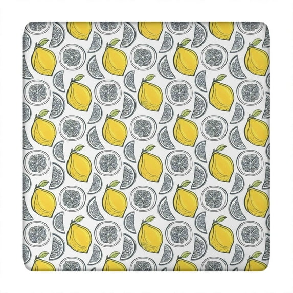 Yellow Lemon Fruit Slices White Pattern Square Fitted Tablecloth with Elastic Edge,Square Table Cover,Washable Elastic Table Cover for Home Kitchen Party Decor 34"x34"
