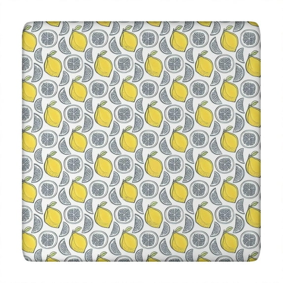 Yellow Lemon Fruit Slices White Pattern Square Fitted Tablecloth with Elastic Edge,Square Table Cover,Washable Elastic Table Cover for Home Kitchen Party Decor 34"x34"