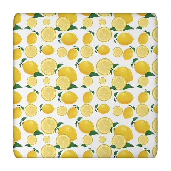 Yellow Lemon Fruit Slices White Pattern Square Fitted Tablecloth with Elastic Edge,Square Table Cover,Washable Elastic Table Cover for Home Kitchen Party Decor 34"x34"