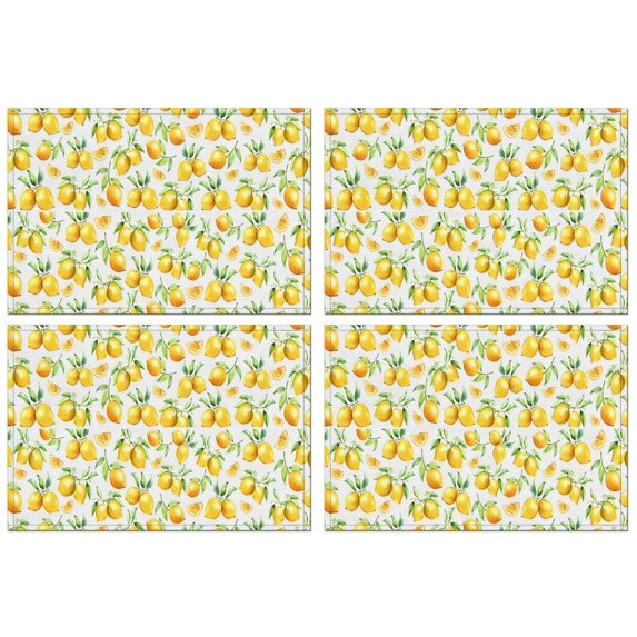 Yellow Lemon Fruit Slices White Pattern Summer Placemats Table Placemats Set Of 4-Linen Kitchen Washable Placemats Table Mats 11.8"x17.7" Non-Slip Heat Resistant