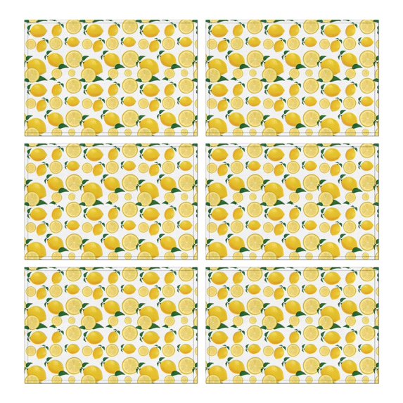 Yellow Lemon Fruit Slices White Pattern Summer Placemats Table Placemats Set Of 6-Linen Kitchen Washable Placemats Table Mats 11.8"x17.7" Non-Slip Heat Resistant
