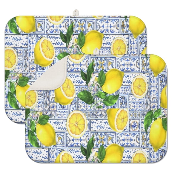 Yellow Lemon Fruit Tiles Blue Pattern Dish Drying Mat for Kitchen 1 Pack, Ultra Absorbent Microfiber Dishes Drainer Mats,18"x24"