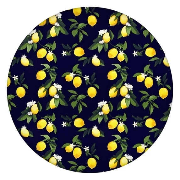 Yellow Lemon Fruits DarkBlue Pattern Round Fitted Tablecloth with Elastic Edge,Dining Table Cover Waterproof,Outdoor Round Tablecloth for Camping,Dining,Indoor and Outdoor