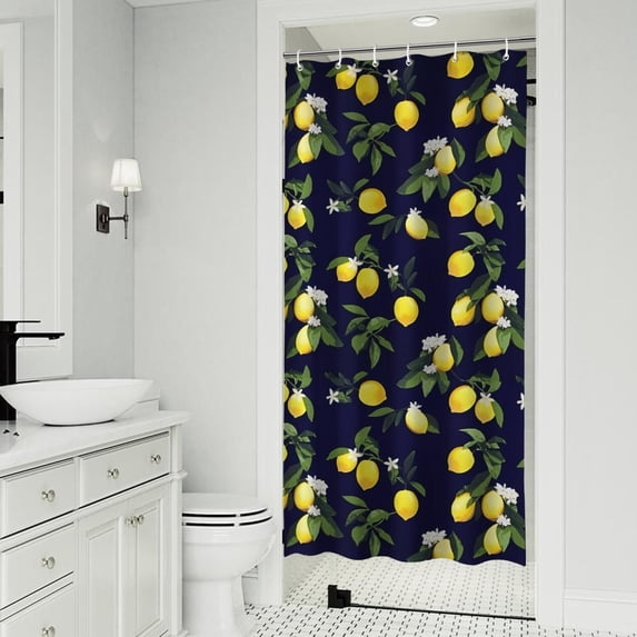 Yellow Lemon Fruits DarkBlue Pattern Shower Curtain 36"x72" ,Bathroom Decorative Shower Curtains Set with 12 Hooks,Modern Waterproof Washable Shower Curtain