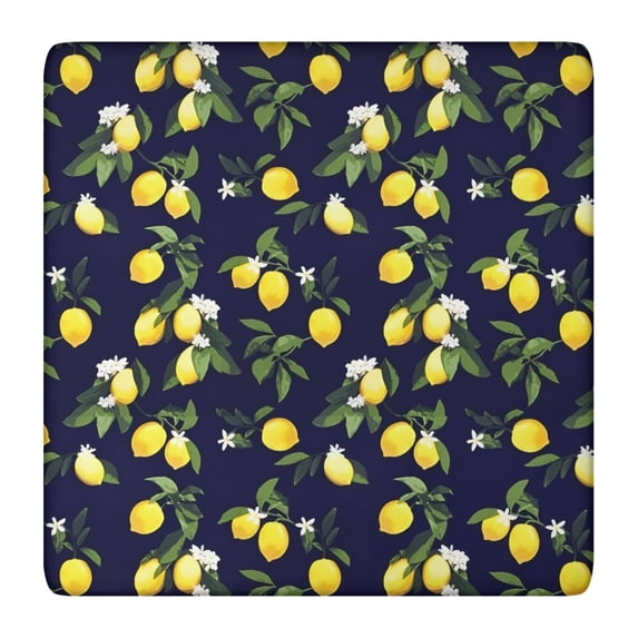 Yellow Lemon Fruits DarkBlue Pattern Square Fitted Tablecloth with Elastic Edge,Square Table Cover,Washable Elastic Table Cover for Home Kitchen Party Decor 36"x36"