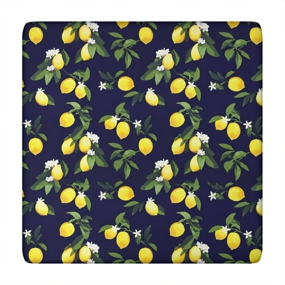 Yellow Lemon Fruits DarkBlue Pattern Square Fitted Tablecloth with Elastic Edge,Square Table Cover,Washable Elastic Table Cover for Home Kitchen Party Decor 34"x34"