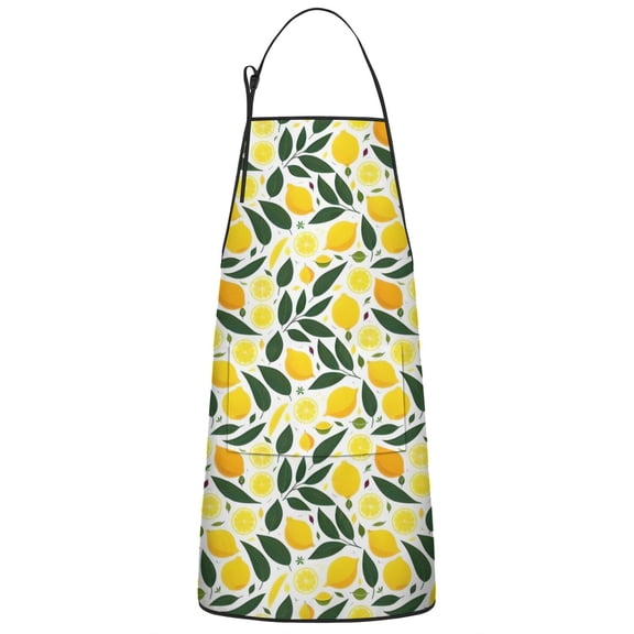 Yellow Lemon Fruits GreenLeaves Pattern Apron-Garden Aprons for Women with Pockets-Cotton Linen Waterproof Kitchen Cooking Gardening Aprons Adjustable for Kitchen,Cooking,BBQ and Salon 33x27 Inch