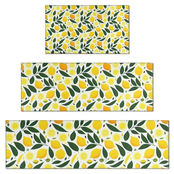 Yellow Lemon Fruits GreenLeaves Pattern Kitchen Rugs Sets Of 3,Kitchen Runner Rugs Non Skid Washable,Decorative Kitchen Floor Mats for Kitchen,Sink,Laundry,17"x30"+ 17"x47" + 17"x59"