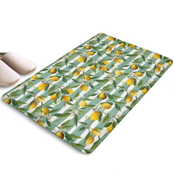 Yellow Lemon Fruits StripedGreen Flannel Non Slip Door Rugs,Washable Door Mats Indoor,Decorative Door Mats,Dirt-Resistant and Absorbent Doormat for Entrance,Bedroom,Kitchen,Bathroom,23.5"x16"