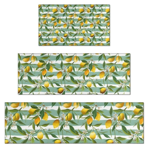 Yellow Lemon Fruits StripedGreen Pattern Kitchen Rugs Sets Of 3,Kitchen Runner Rugs Non Skid Washable,Decorative Kitchen Floor Mats for Kitchen,Sink,Laundry,17"x30"+ 17"x47" + 17"x59"