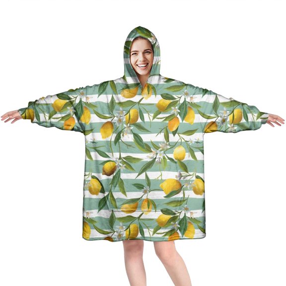 Yellow Lemon Fruits StripedGreen Pattern Wearable Oversized Blanket,Wearable Blanket Hoodie for Adults,Cozy Hooded Blankets with Super Pockets,Super Warm Fuzzy Pullover for Women & Men