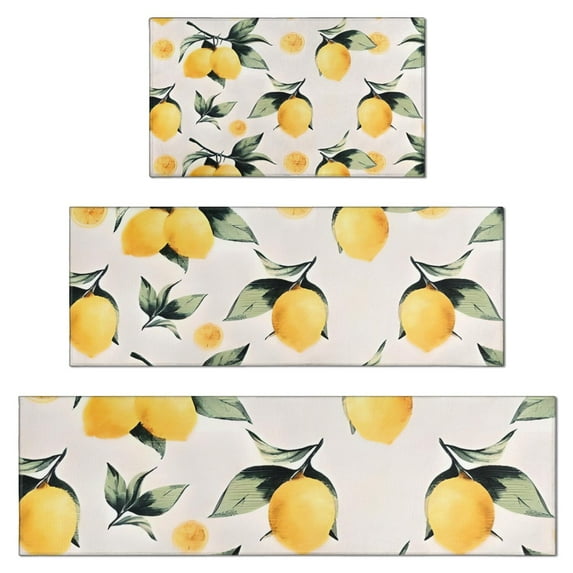 Yellow Lemon Fruits White Pattern Kitchen Rugs Sets Of 3,Kitchen Runner Rugs Non Skid Washable,Decorative Kitchen Floor Mats for Kitchen,Sink,Laundry,17"x30"+ 17"x47" + 17"x59"