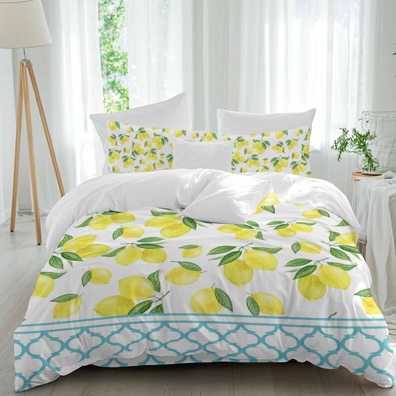 Yellow Lemon Full Size Comforter Set, Green Leaf Blue Morocco Country Summer Fruit Bedding for All Seasons, 4 Pcs Bed Set, 1Quiltcover (86"x86") ,1Sheet(80"x116"), 2Pillowcases (30"x20")