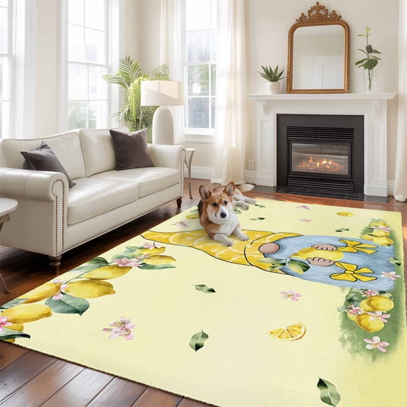Yellow Lemon Gnome Large Area Rugs 5x8 ft Summer Fruit Pink Floral Leaves Washable Rug Non Slip Indoor Carpet Absorbent Floor Mat for Living Room Bedroom Dining Room