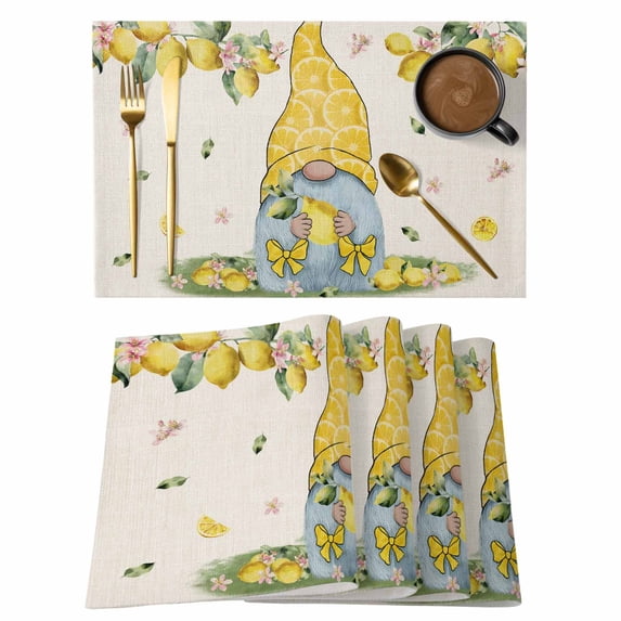 Yellow Lemon Gnome Placemats Set of 1 Summer Fruit Floral Leaves Linen Heat Insulation Washable Place Mats, Non-Slip Table Mats for Dining Table Party Kitchen Decor,13x19 Inch