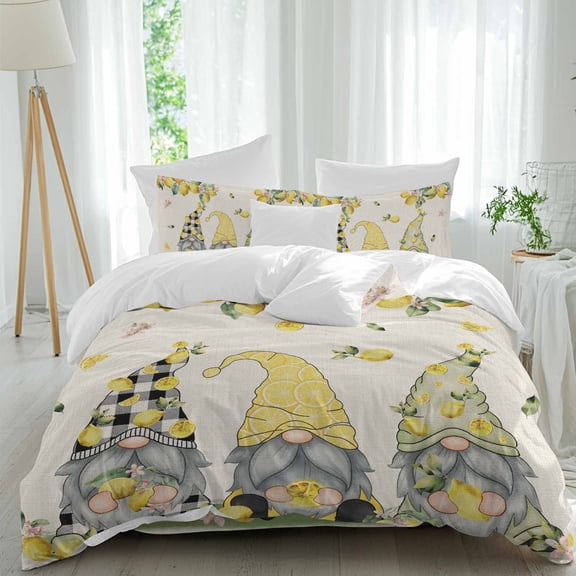 Yellow Lemon Gnome Queen Size Comforter Set, Summer Fruit Flower Vintage Linen Bedding for All Seasons, 4 Pcs Bed Set, 1Quiltcover (90"x92") ,1Sheet(94"x116"), 2Pillowcases (30"x20")