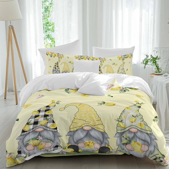 Yellow Lemon Gnome Queen Size Comforter Set, Summer Fruit Pink Flower Plant Bedding for All Seasons, 4 Pcs Bed Set, 1Quiltcover (90"x92") ,1Sheet(94"x116"), 2Pillowcases (30"x20")
