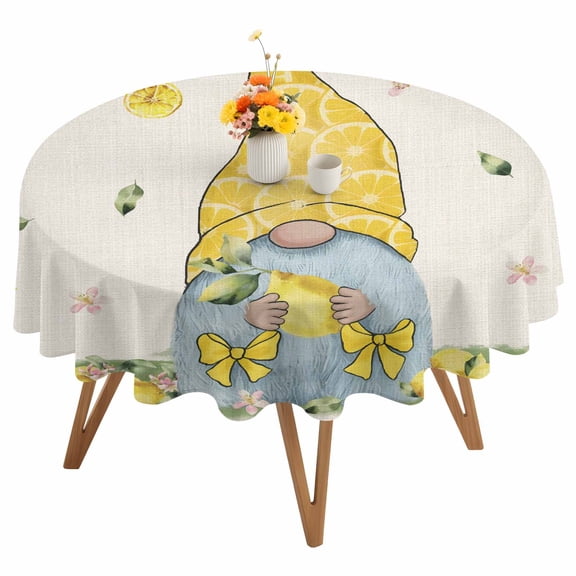 Yellow Lemon Gnome Round Tablecloth 54 inches Summer Fruit Floral Leaves Linen Waterproof Oil-Proof Table Cloth Round Table Cover for Holiday Party Picnic Dinner Decor Indoor and Outdoor Use