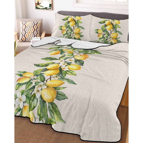 Yellow Lemon King Size Down Alternative Comforter, Lightweight Comforter Quilt Bedding Set with Pillow Shams Spring Botanical Leaves Fruit Farmhouse All Seasons Bed Comforter Duvet Insert 96"x106"