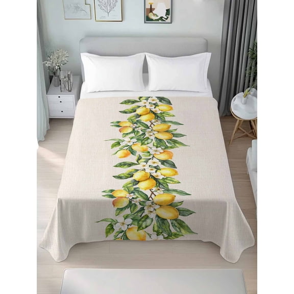 Yellow Lemon King Size Flat Sheet, Wrinkleproof & Fadeproof Cooling Flat Bed Sheet Only, Spring Botanical Leaves Fruit Farmhouse Breathable Soft Bedding Top Sheets 105 x 98 Inches