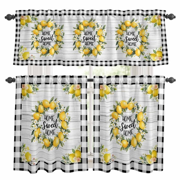 Yellow Lemon Kitchen Curtains Sets for Windows 24 Inch Length, Farmhouse Black Buffalo Plaid Grey Wooden Rod Pocket Window Treatments Tier Curtains and Valances Set for Bedroom/Bathroom