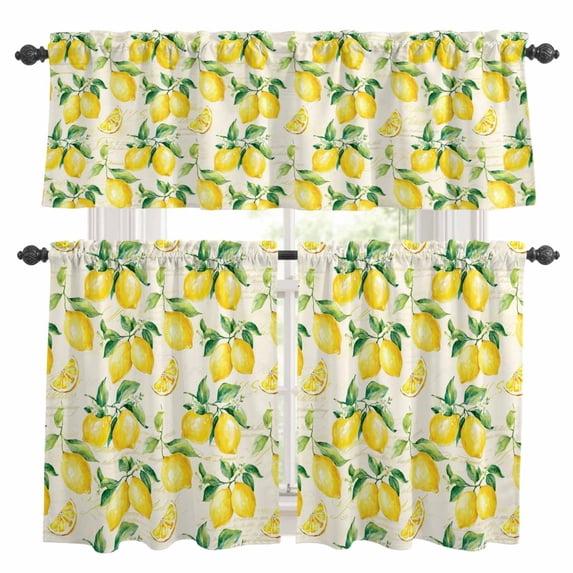 Yellow Lemon Kitchen Curtains Sets for Windows 24 Inch Length, Summer Fruit Green Retro Farmhouse Leaf Rod Pocket Window Treatments Tier Curtains and Valances Set for Bedroom/Bathroom