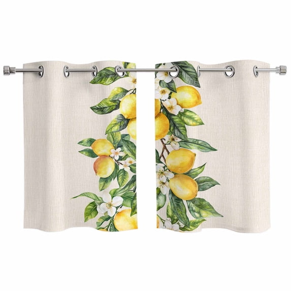 Yellow Lemon Kitchen Curtains Small Short 39 Inch Length, Spring Botanical Leaves Fruit Farmhouse Grommet Top Bedroom Living Room Curtains, Light Filtering Cafe Curtain Drapes 2 Panels Set 55''x39''