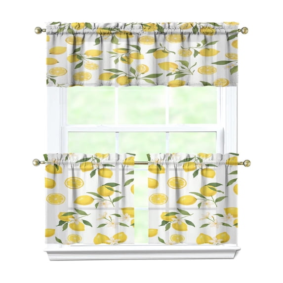 Yellow Lemon Kitchen Curtains and Valances Set - 3 Piece Kitchen Curtains Sets with Valance for Windows Rod Pocket Machine Washable Kitchen Decor Decorations (54"x18"+2x27.5"x24")