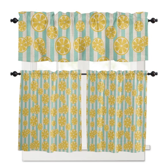 Yellow Lemon Kitchen Curtains Valances and Tiers Set of 3, 24 Inch Length Tier Curtains and Valance Rod Pocket Valance Curtains Set for Kitchen Bathroom Small Windows